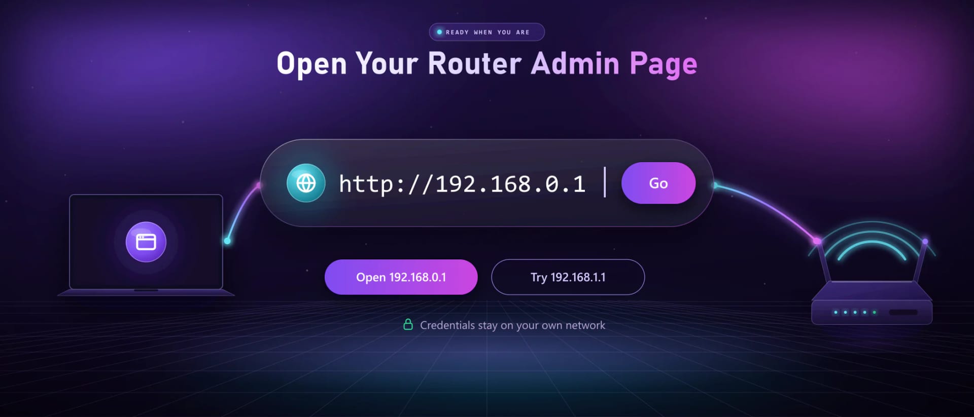 Browser address bar with http://192.168.0.1 entered and linked by glowing beams to a laptop and a Wi-Fi router