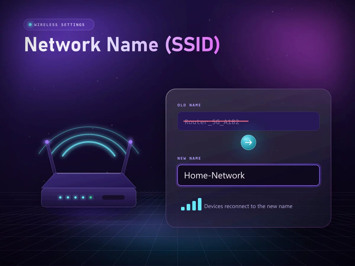 Router broadcasting Wi-Fi next to a rename card changing the old network name to Home-Network