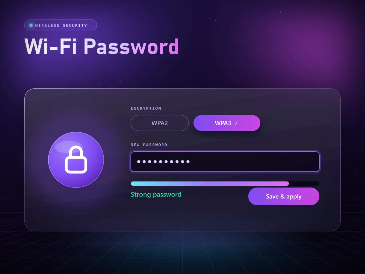Wireless security card with WPA3 selected, a new Wi-Fi password entered and a strong password rating