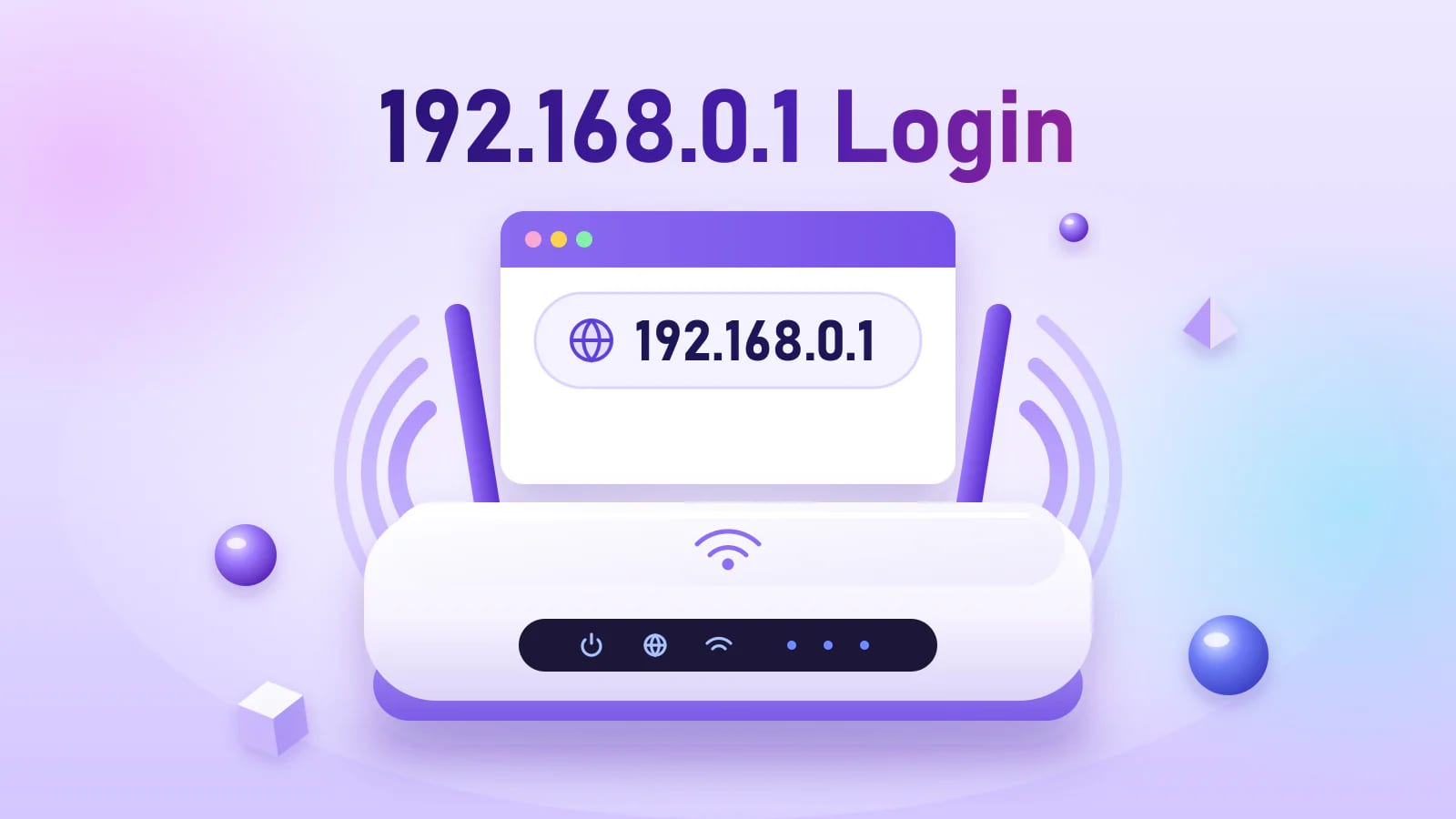 3D render of a white Wi-Fi router beside a browser window showing the 192.168.0.1 gateway address